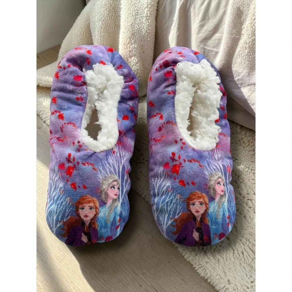 Disney Frozen 2 Anna Elsa Girls Sherpa Lined Slipper Socks Purple Blue Kids